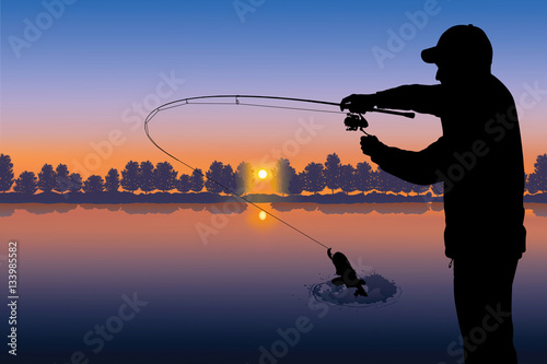 Fishing vector. Silhouette of fisherman on sunset background