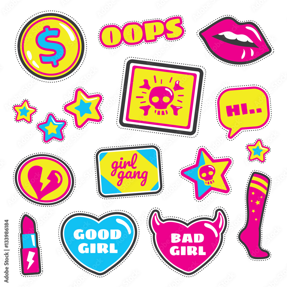 Cute 80s-90s Retro Girl Power Isolated Fashion Cartoon Illustration Set Suitable for Badges, Pins, Sticker, Patches, Fabric, Denim, Embroidery and Other Girly Related Purpose