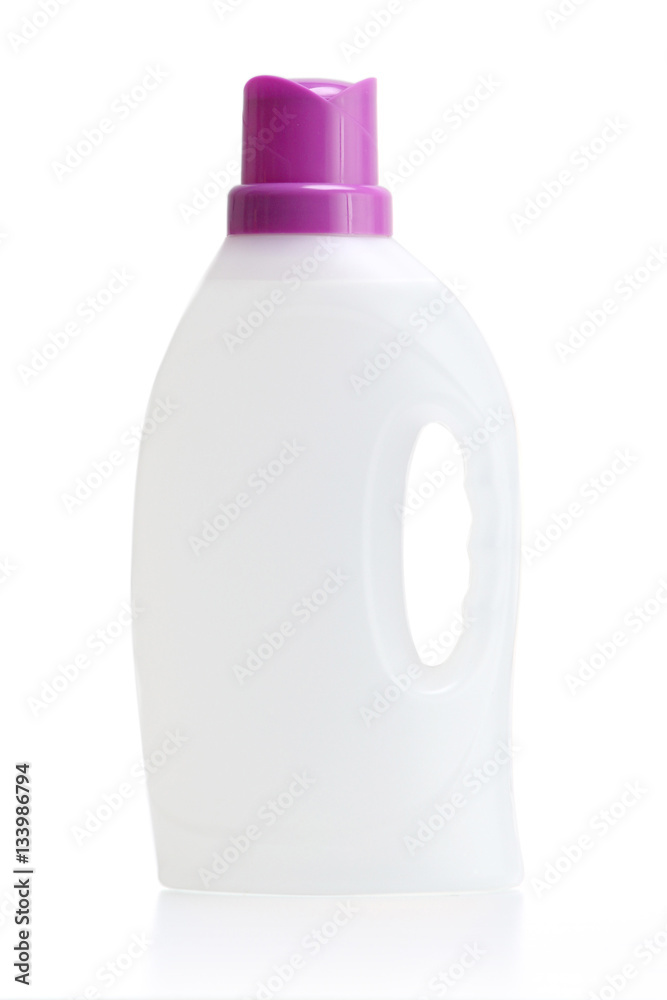 white plastic bottle with magenta cap isolated on a white background for liquid laundry detergent or cleaning agent or bleach or fabric softener. white plastic bottle with magenta cap isolated on a white background for liquid laundry detergent or cleaning agent or bleach or fabric softener.
