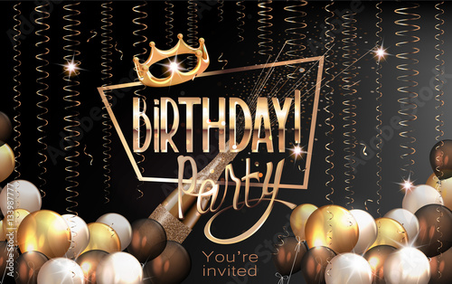 Birthday elegant greeting card  with air balloons, serpentine, gold frame and crown. Vector illustration