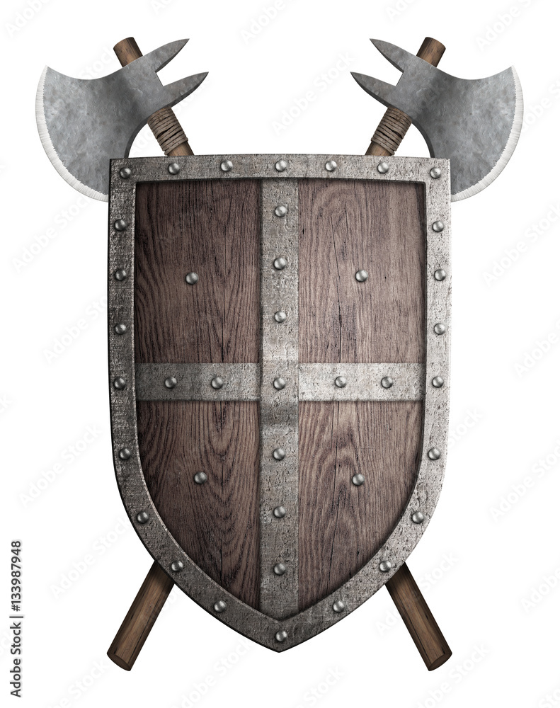 Fototapeta premium old wooden shield and two crossed battle axes isolated