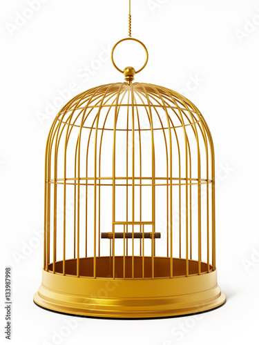Slika na platnu Gold bird cage isolated on white background. 3D illustration
