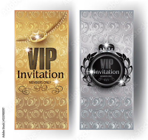 Gold and silver VIP invitation cards with floral design background, crowns and vintage frames. Vector illustration