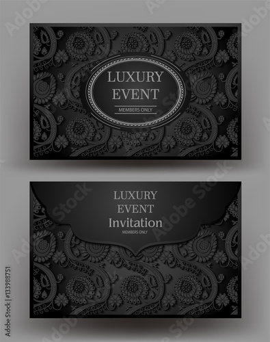 Luxury event elegant  black envelope with floral design. Vector illustration