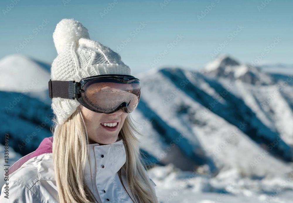 Female stay on the top of mountain with beautiful view