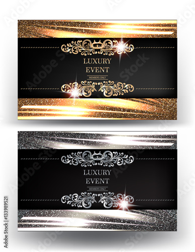 Luxury event invitation cards with sparkling folded fabric on the background and vintage floral design elements. Vector illustration