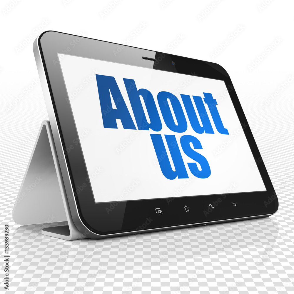 Advertising concept: Tablet Computer with About Us on display Advertising concept: Tablet Computer with About Us on display