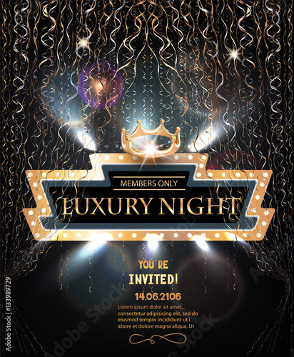 Luxury night party invitation card with retro frame, gold serpentine and crown. Vector illustration