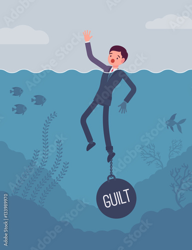 Businessman drowning chained with a weight Guilt