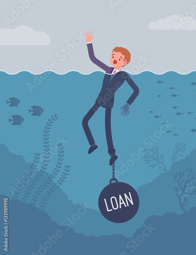 Businessman drowning chained with a weight Loan