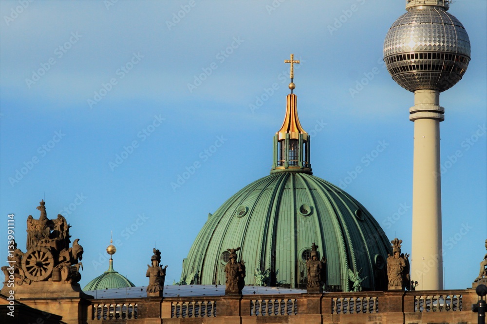 Obraz premium Berlin landmarks / View from the boulevard Unter den Linden to cathedral dome and tv tower globe