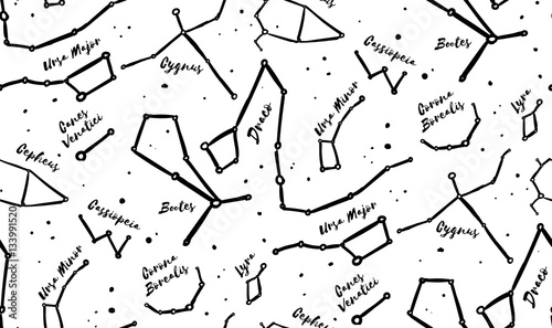 Seamless vector pattern with constellations. White background with star sky