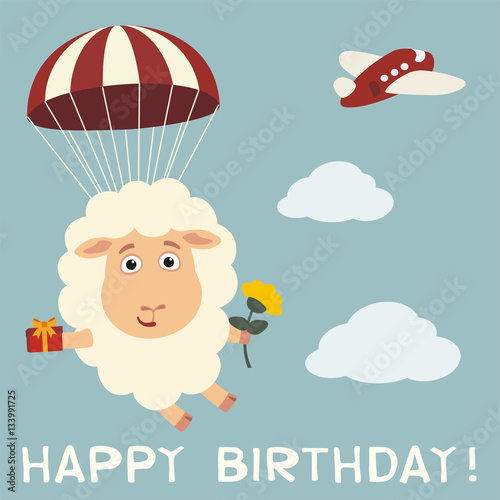Happy birthday! Funny sheep fly on parachute with gift and flower. Birthday card with sheep in cartoon style.
