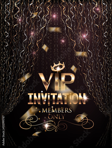 VIP elegant invitation card with gold curtains and confetti. Vector illustration