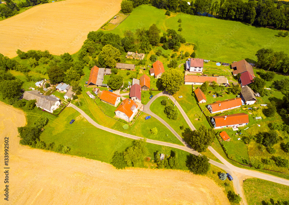 Aerial view of small village in central Bohemia. Farms with beautiful