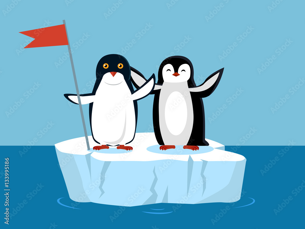 Obraz premium Funny Emperor Penguins on Arctic Glacier with Flag
