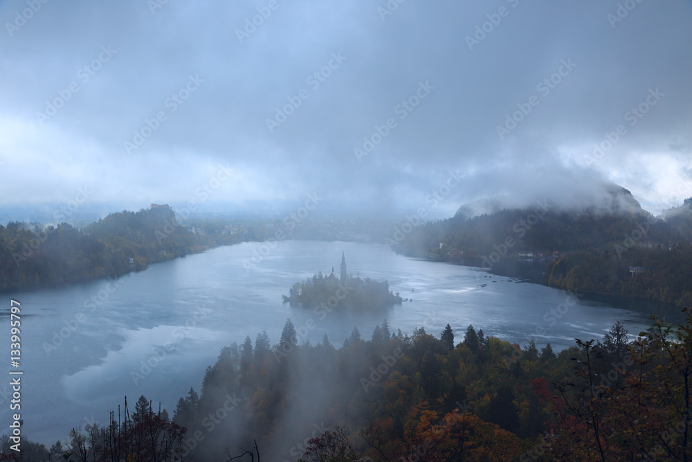Bled with lake, island and mountains in background, Slovenia Bled with lake, island and mountains in background, Slovenia