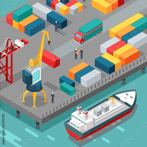 Container Terminal. Platform Supply Vessel. Vector