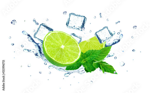 Lime splashing water and ice cubes isolated 