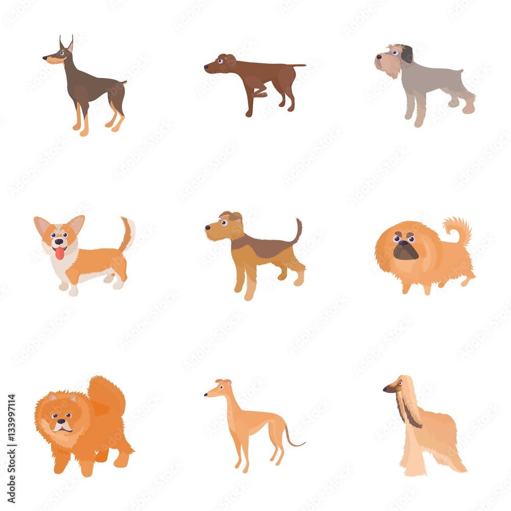 Faithful friend dog icons set, cartoon style Faithful friend dog icons set, cartoon style