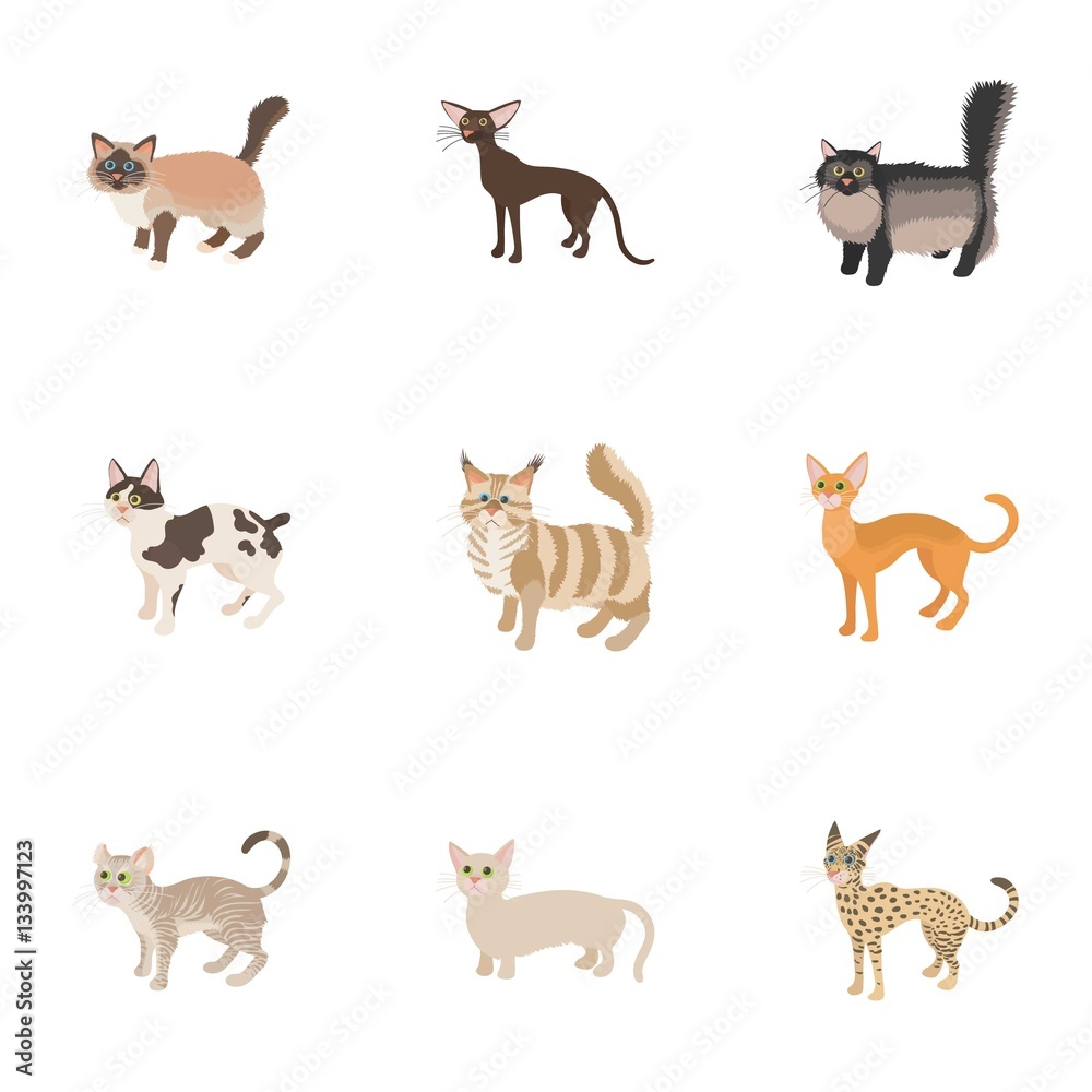 Cat family icons set, cartoon style