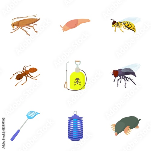 Bad pests icons set, cartoon style