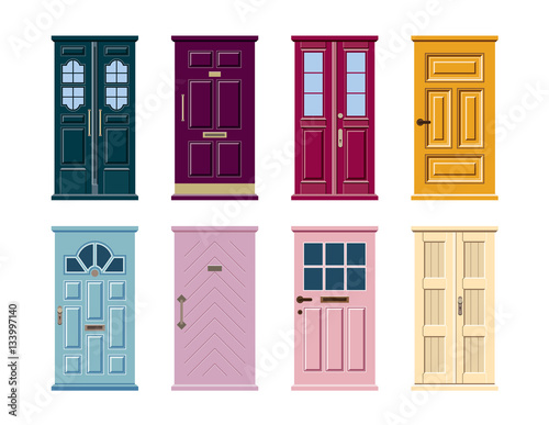 Vector set of colorful door icons isolated on white background. Blue, pink, yellow, green, violet, purple, turquoise