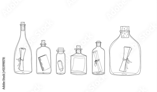 Message in a Bottle hand drawn vector set line art illustration