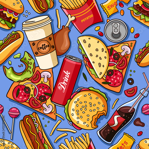 Vector seamless pattern with american fast food. Fun and bright colorful background