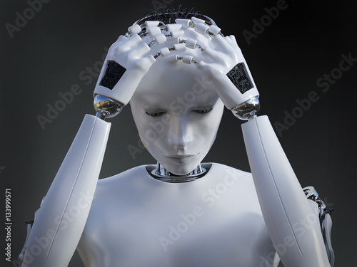 3D rendering of female robot looking sad.