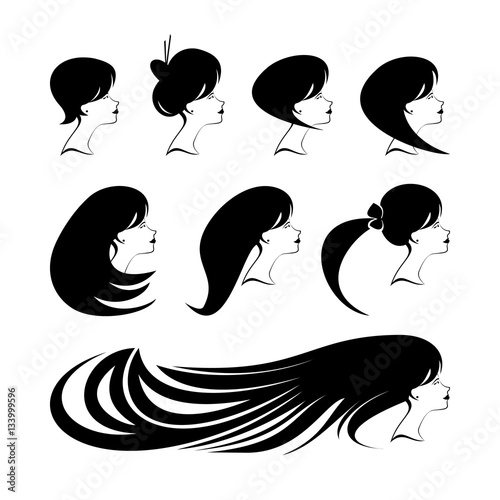 Vector Beautiful woman profiles for beauty salon, spa salon, firm or company. Abstract logo woman's face with different hairdresses. Vector illustration photo