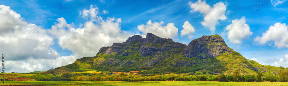 View of a lake and mountains. Mauritius. Panorama View of a lake and mountains. Mauritius. Panorama