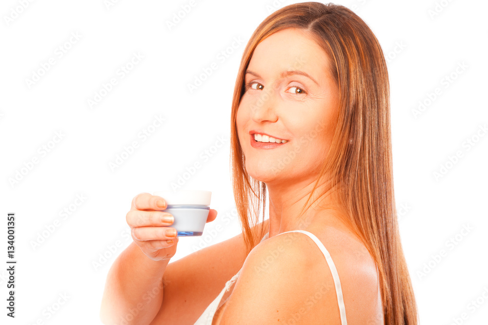 Anti-ageing Concept: Woman In Her Forties With Skin Cream Anti-ageing Concept: Woman In Her Forties With Skin Cream