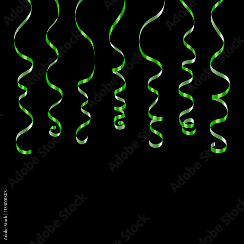 Green curly ribbons. Serpentine on black background. Colorful streamers. Design decoration party, birthday, Christmas, New Year celebration, anniversary, carnival Vector illustration