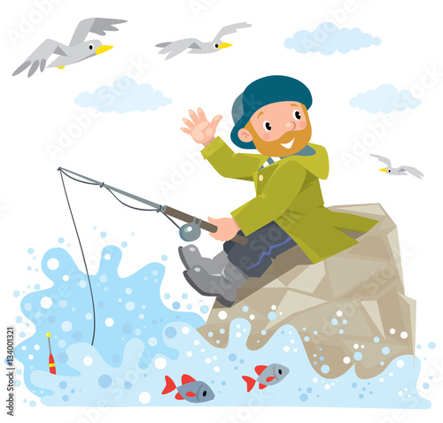 Funny fisherman on a rock