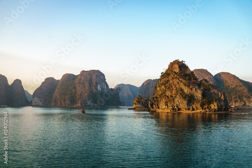 dramatic landscape of Halong Bay, Vietnam, with limestone hills. © uskarp2