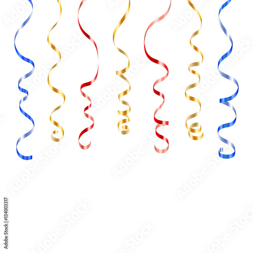 Gold blue red curly ribbons. Golden serpentine on white background. Colorful streamers. Design decoration party, birthday, Christmas, New Year celebration, anniversary, carnival Vector illustration