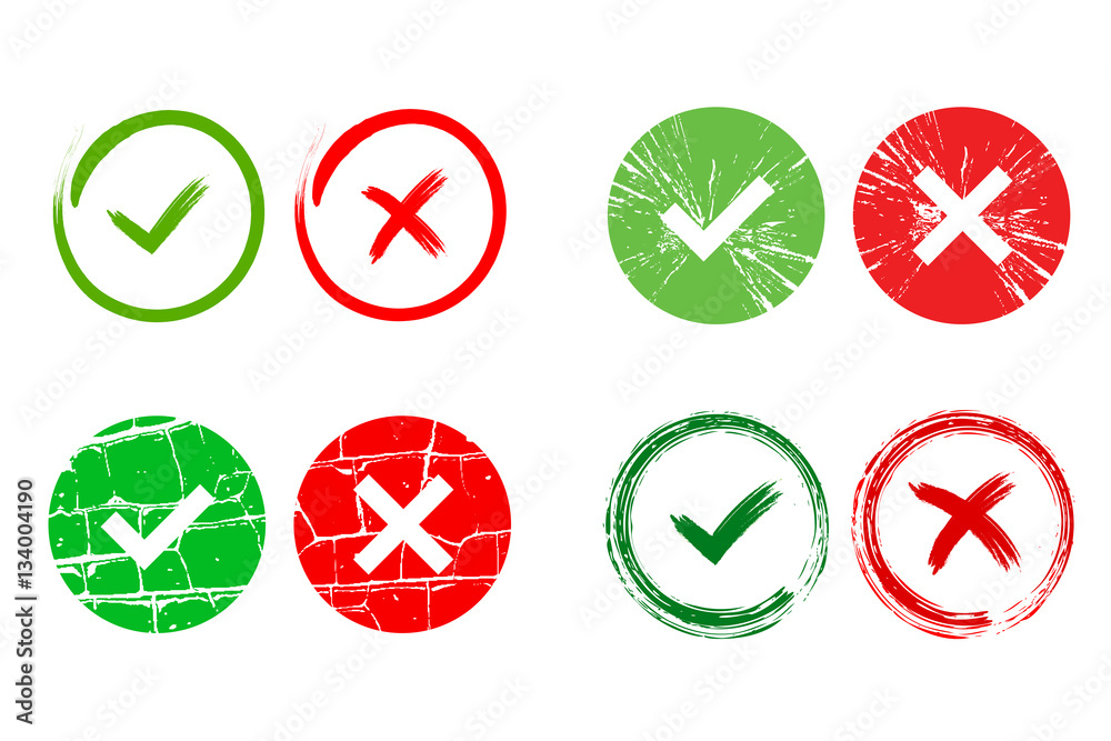 Tick and cross signs. Green checkmark OK and red X icons, isolated on white background. Grunge marks graphic design. Circle symbols YES and NO button for vote, decision, web. Vector illustration Tick and cross signs. Green checkmark OK and red X icons, isolated on white background. Grunge marks graphic design. Circle symbols YES and NO button for vote, decision, web. Vector illustration