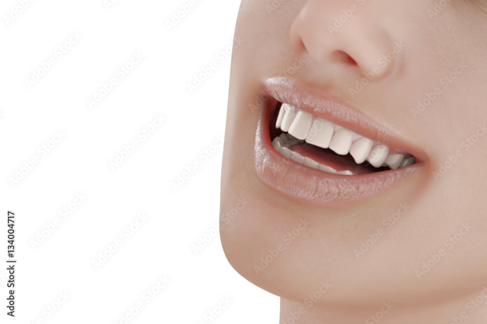 Obraz premium Illustration of dental care. Perfect teeth. Close-up of beautiful and healthy woman smile. 3d render.