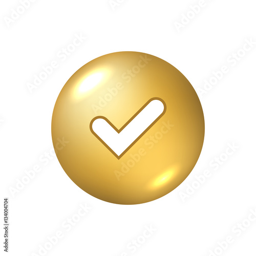 Tick gold sign element. Golden metallic checkmark icon isolated on white background. Check mark graphic design. OK button vote, decision, choice, web. Symbol correct, approved Vector illustration