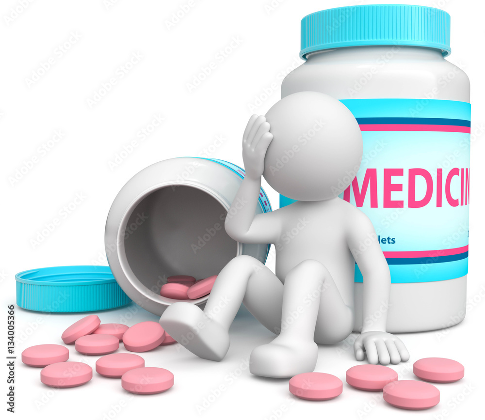 weisses 3d Männchen mit Tabletten und Nebenwirkungen Stock Illustration |  Adobe Stock