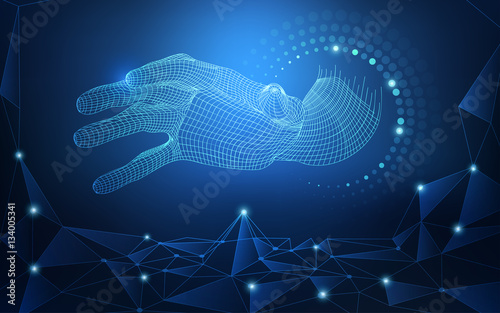 wireframe hand reaching to digital world, concept of communication world