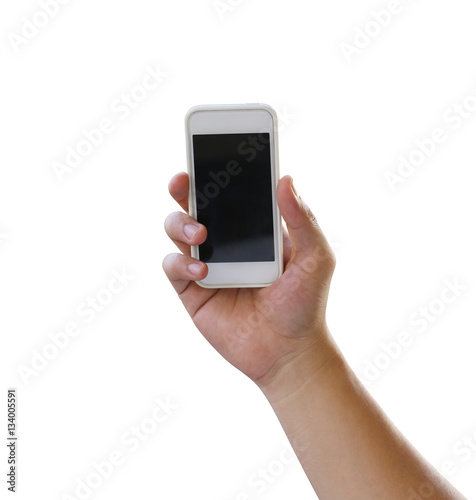 Wallpaper Mural Hand of man holding a smartphone isolated on white background. Torontodigital.ca