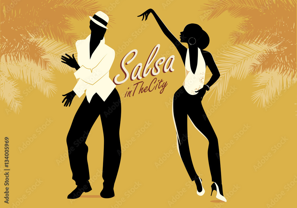 Young couple silhouettes dancing salsa or latin music. Vector illustration - obrazy, fototapety, plakaty 
