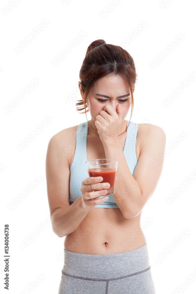Beautiful healthy Asian girl hate tomato juice. Beautiful healthy Asian girl hate tomato juice.