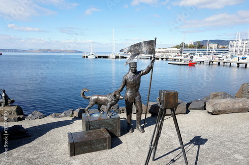 Louis Bernacchi taking a self-portrait with his dog Joe, bronze statues tribute to the 1899 British Antarctic Expedition