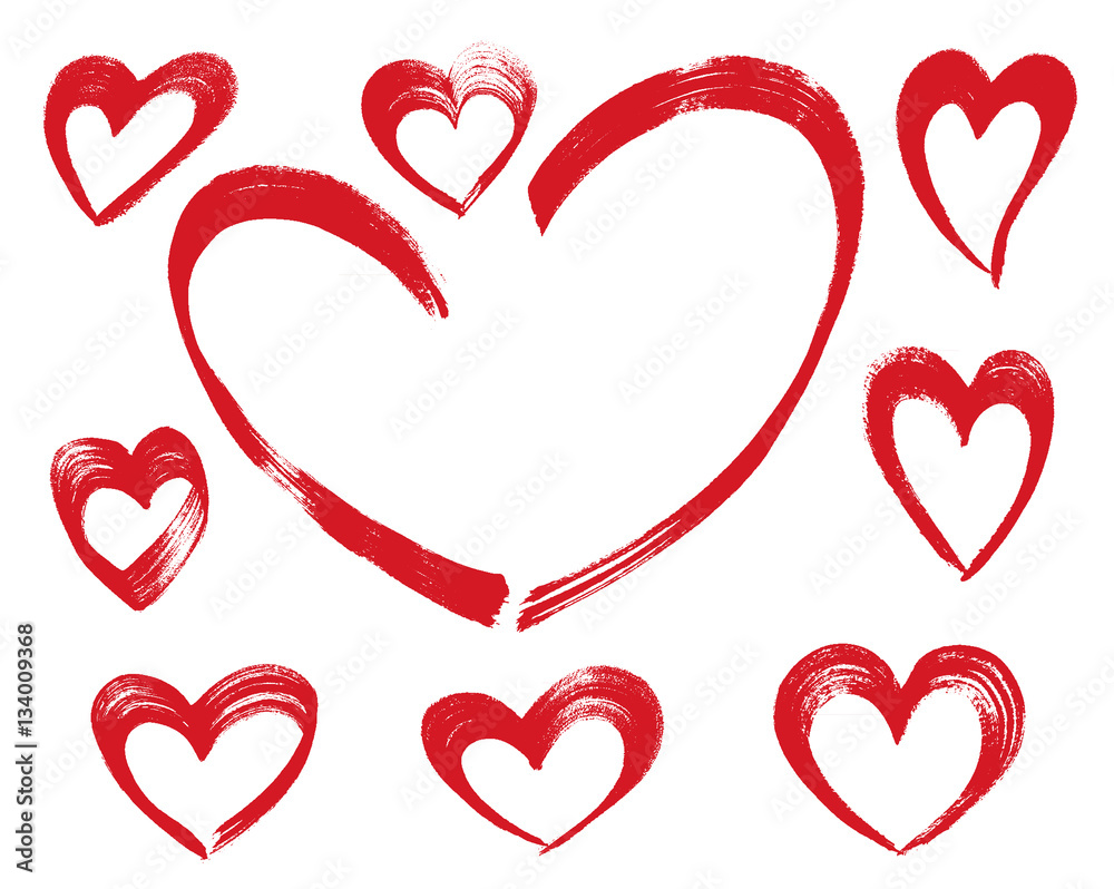 Set of ink hand drawn heart shapes made of brush strokes. Red sketch isolated on white background. For decorate, Valentine cards, greetings and invitations.