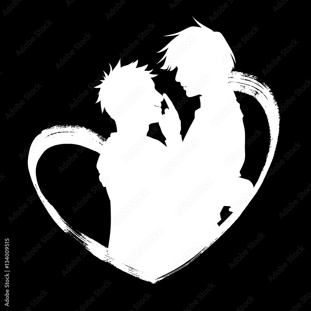 Hand drawn illustration of hugging couple inside the heart shape. White  silhouette on black background. Simple cartoon anime style. Valentine day  greeting card. Stock Vector | Adobe Stock