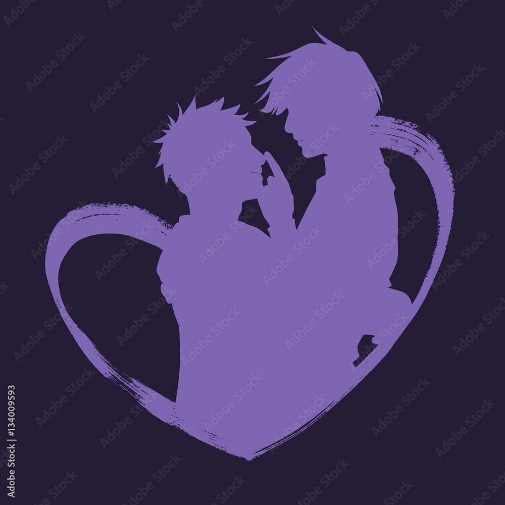 Hand Drawn Illustration Of Hugging Couple Inside The Heart Shape Silhouette Isolated On Background In Violet Colors Simple Cartoon Anime Style Valentine Day Greeting Card Stock Vector Adobe Stock