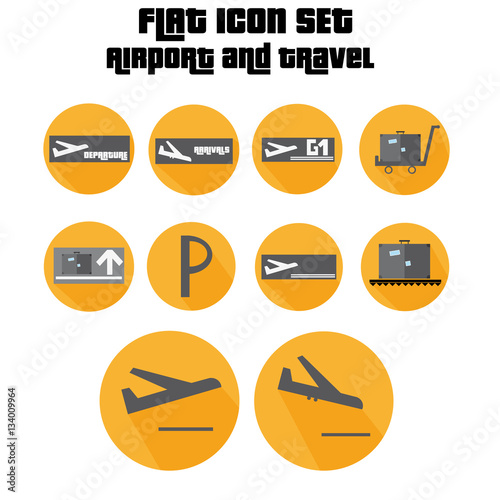 Flat Icon Set Arrivals, Departure, Suitcase Sign With Plane In The Airport For Travel